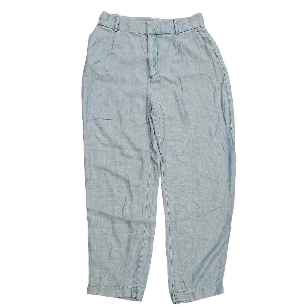 Zara High Waist straight Wide Leg Pants Women large Chambray linen coastal prep
